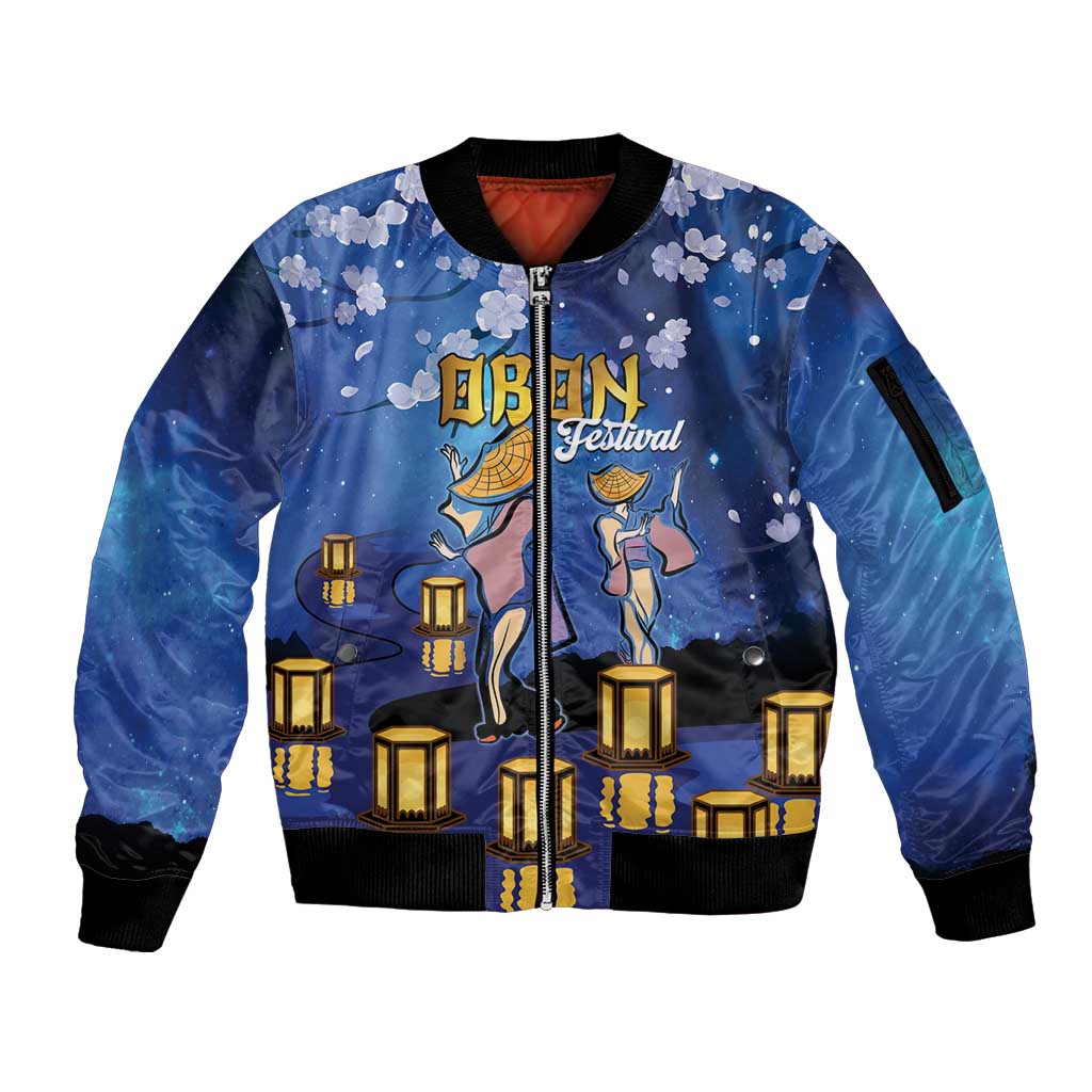 Japan Obon Festival Sleeve Zip Bomber Jacket Sakura Lanterns With Bon Dance LT14 Unisex Blue - Polynesian Pride