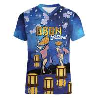 Japan Obon Festival Women V-Neck T-Shirt Sakura Lanterns With Bon Dance - Polynesian Pride