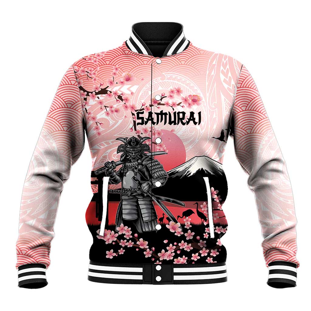 Personalised Japan Samurai Warrior Baseball Jacket Japanese Cherry Blossom Polynesian Pattern LT14 Unisex Pink - Polynesian Pride