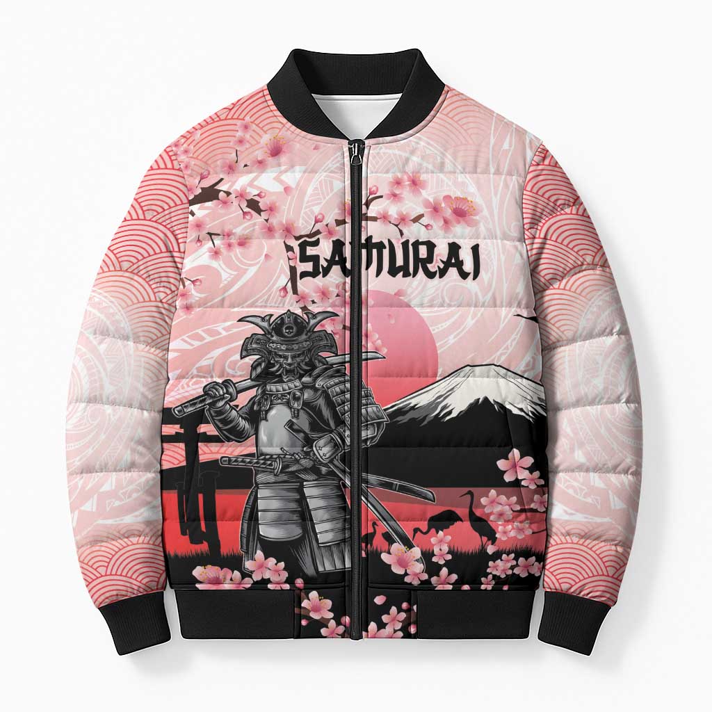 Personalised Japan Samurai Warrior Bomber Puffer Jacket Japanese Cherry Blossom Polynesian Pattern LT14 Unisex Pink - Polynesian Pride