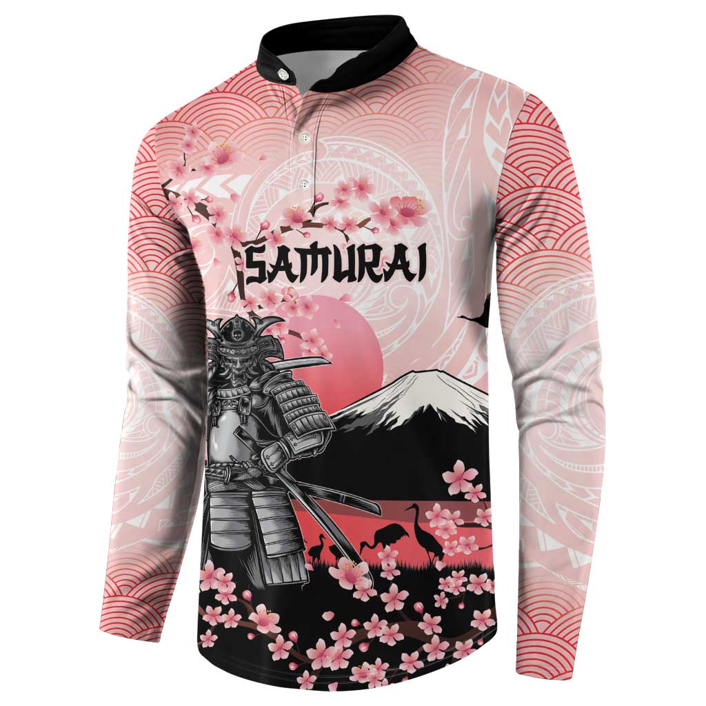 Personalised Japan Samurai Warrior Button Sweatshirt Japanese Cherry Blossom Polynesian Pattern - Polynesian Pride