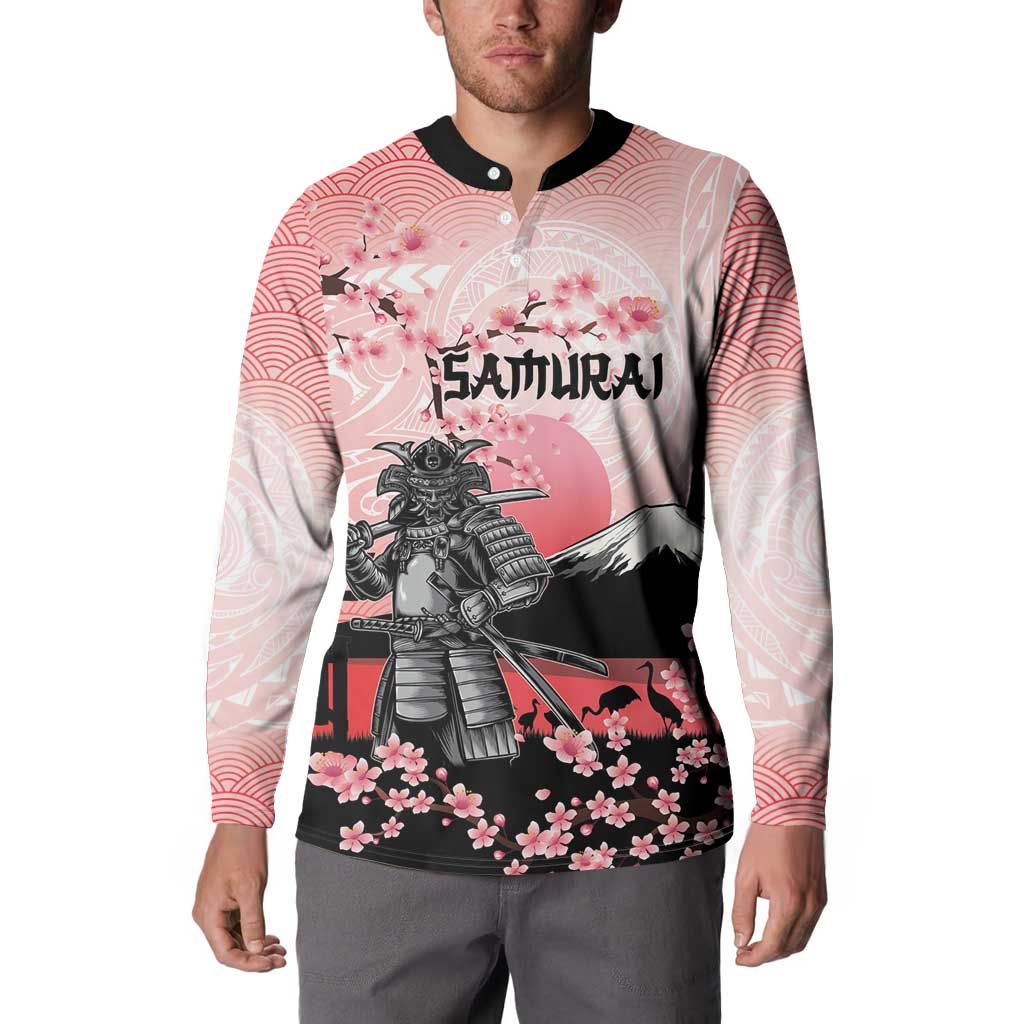 Personalised Japan Samurai Warrior Button Sweatshirt Japanese Cherry Blossom Polynesian Pattern - Polynesian Pride