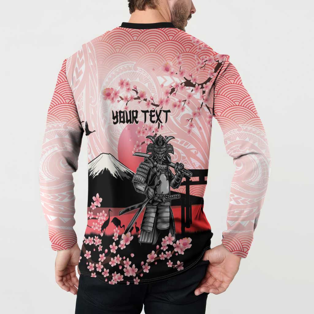 Personalised Japan Samurai Warrior Button Sweatshirt Japanese Cherry Blossom Polynesian Pattern - Polynesian Pride