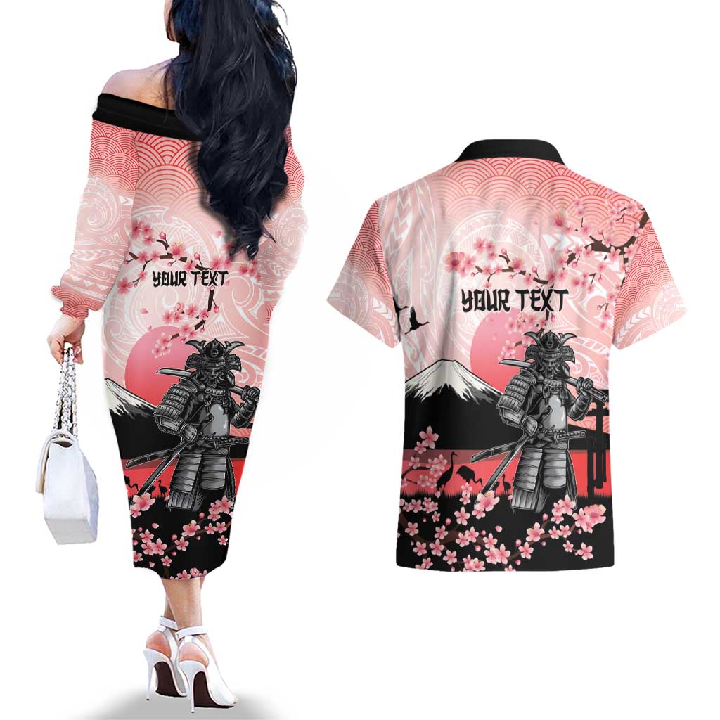 Personalised Japan Samurai Warrior Couples Matching Off The Shoulder Long Sleeve Dress and Hawaiian Shirt Japanese Cherry Blossom Polynesian Pattern - Polynesian Pride