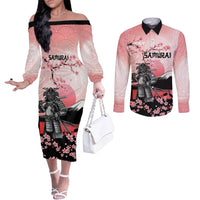 Personalised Japan Samurai Warrior Couples Matching Off The Shoulder Long Sleeve Dress and Long Sleeve Button Shirt Japanese Cherry Blossom Polynesian Pattern - Polynesian Pride