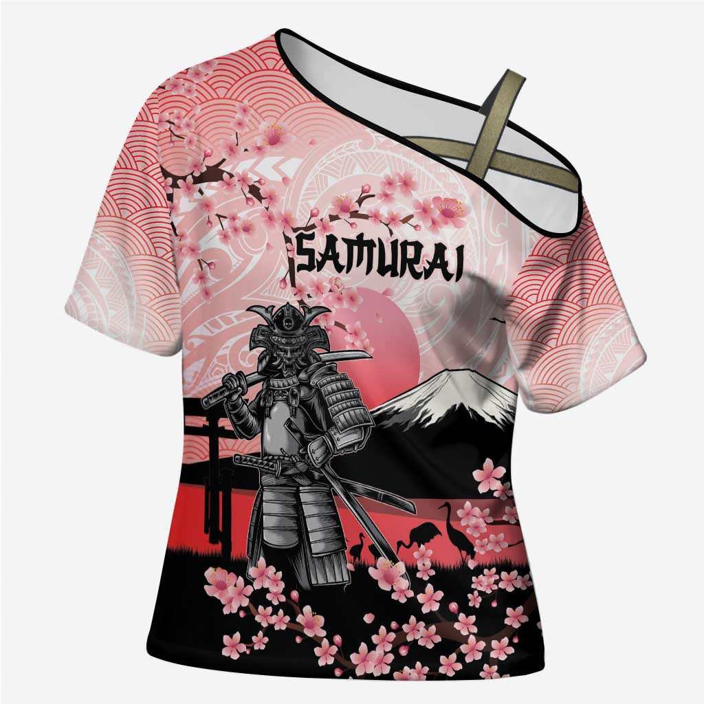 Personalised Japan Samurai Warrior Cross Shoulder Shirt Japanese Cherry Blossom Polynesian Pattern LT14 Female Pink - Polynesian Pride