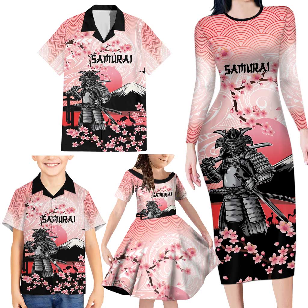 Personalised Japan Samurai Warrior Family Matching Long Sleeve Bodycon Dress and Hawaiian Shirt Japanese Cherry Blossom Polynesian Pattern LT14 - Polynesian Pride