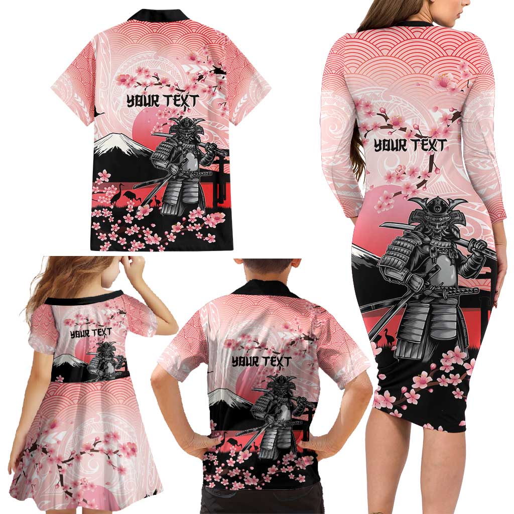 Personalised Japan Samurai Warrior Family Matching Long Sleeve Bodycon Dress and Hawaiian Shirt Japanese Cherry Blossom Polynesian Pattern LT14 - Polynesian Pride