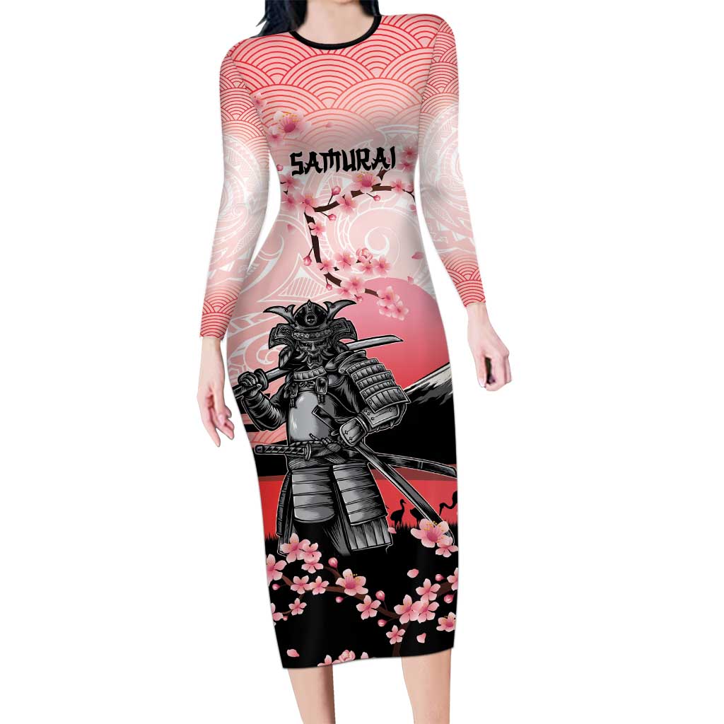 Personalised Japan Samurai Warrior Family Matching Long Sleeve Bodycon Dress and Hawaiian Shirt Japanese Cherry Blossom Polynesian Pattern LT14 Mom's Dress Pink - Polynesian Pride
