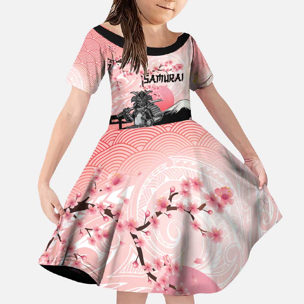 Personalised Japan Samurai Warrior Family Matching Mermaid Dress and Hawaiian Shirt Japanese Cherry Blossom Polynesian Pattern LT14 Daughter's Dress Pink - Polynesian Pride