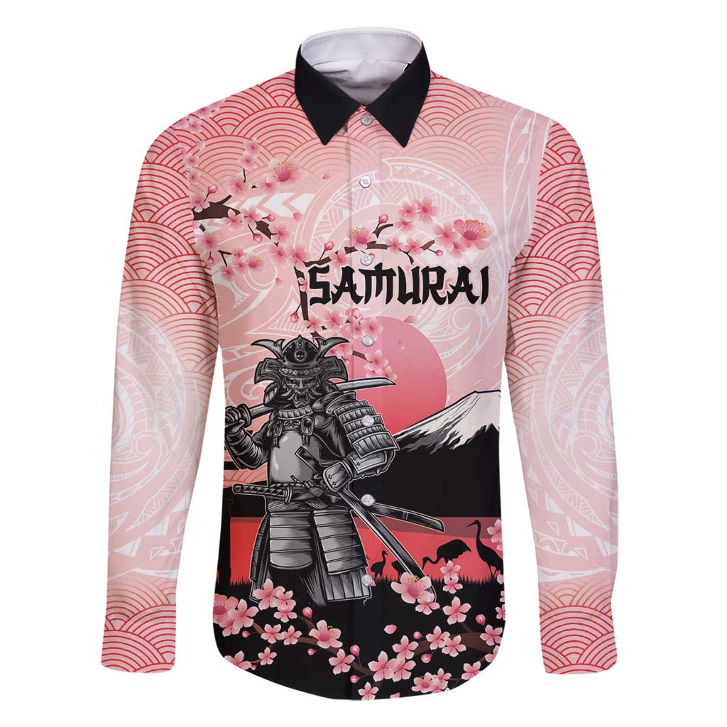 Personalised Japan Samurai Warrior Family Matching Mermaid Dress and Hawaiian Shirt Japanese Cherry Blossom Polynesian Pattern LT14 Dad's Shirt - Long Sleeve Pink - Polynesian Pride