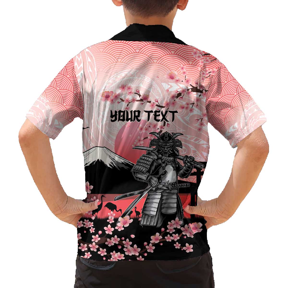 Personalised Japan Samurai Warrior Family Matching Off The Shoulder Long Sleeve Dress and Hawaiian Shirt Japanese Cherry Blossom Polynesian Pattern - Polynesian Pride