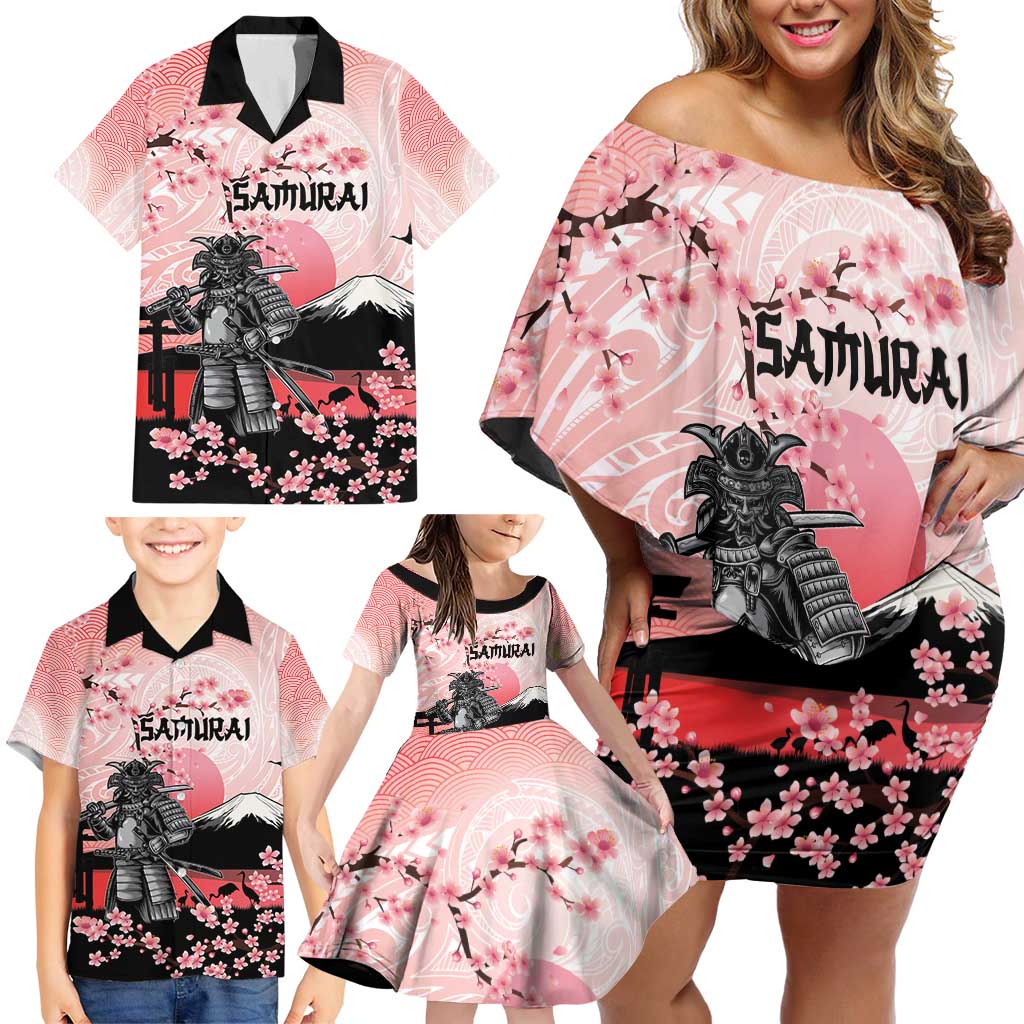 Personalised Japan Samurai Warrior Family Matching Off Shoulder Short Dress and Hawaiian Shirt Japanese Cherry Blossom Polynesian Pattern - Polynesian Pride