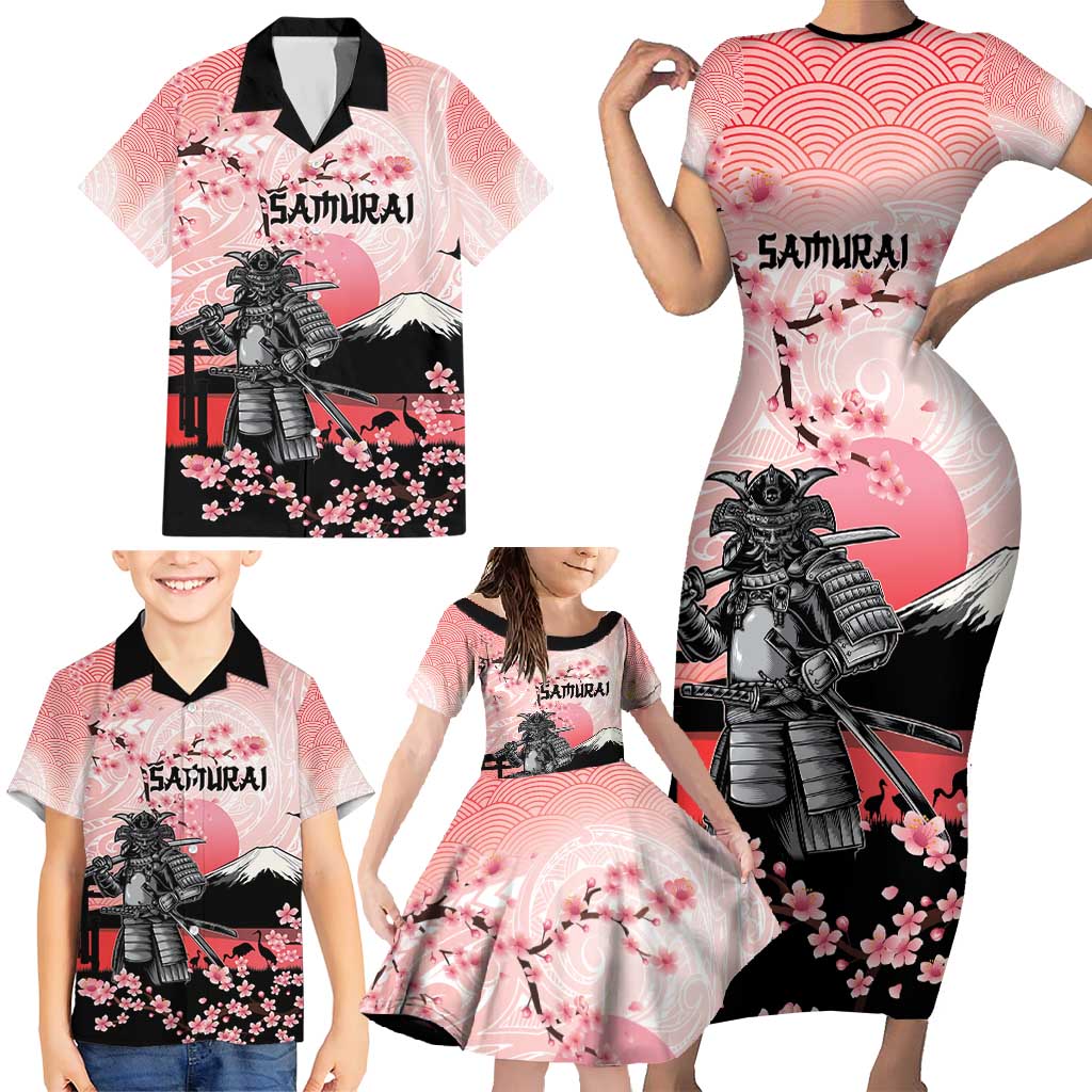 Personalised Japan Samurai Warrior Family Matching Short Sleeve Bodycon Dress and Hawaiian Shirt Japanese Cherry Blossom Polynesian Pattern LT14 - Polynesian Pride