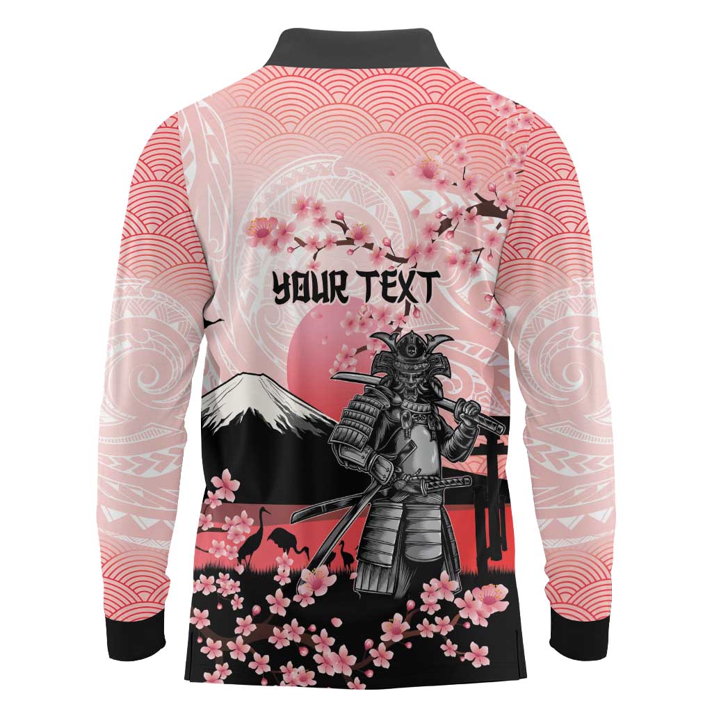 Personalised Japan Samurai Warrior Long Sleeve Polo Shirt Japanese Cherry Blossom Polynesian Pattern LT14 - Polynesian Pride