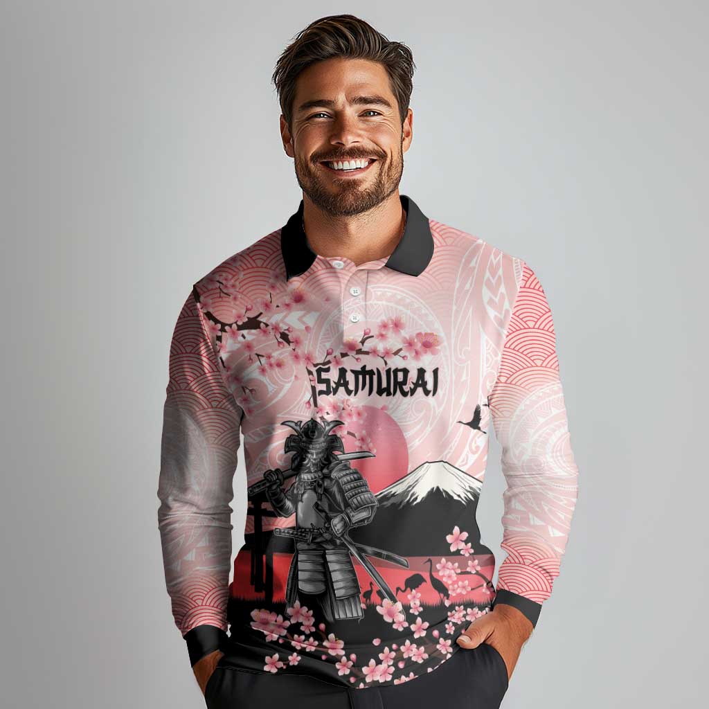 Personalised Japan Samurai Warrior Long Sleeve Polo Shirt Japanese Cherry Blossom Polynesian Pattern LT14 - Polynesian Pride