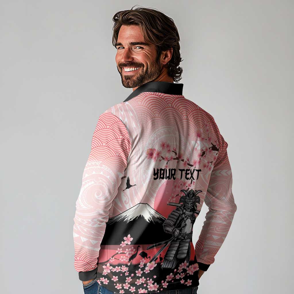 Personalised Japan Samurai Warrior Long Sleeve Polo Shirt Japanese Cherry Blossom Polynesian Pattern LT14 - Polynesian Pride