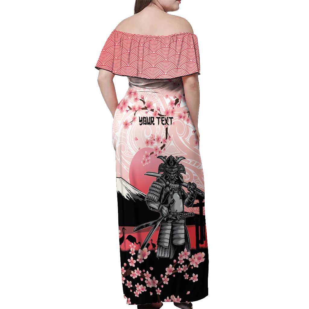 Personalised Japan Samurai Warrior Off Shoulder Maxi Dress Japanese Cherry Blossom Polynesian Pattern - Polynesian Pride