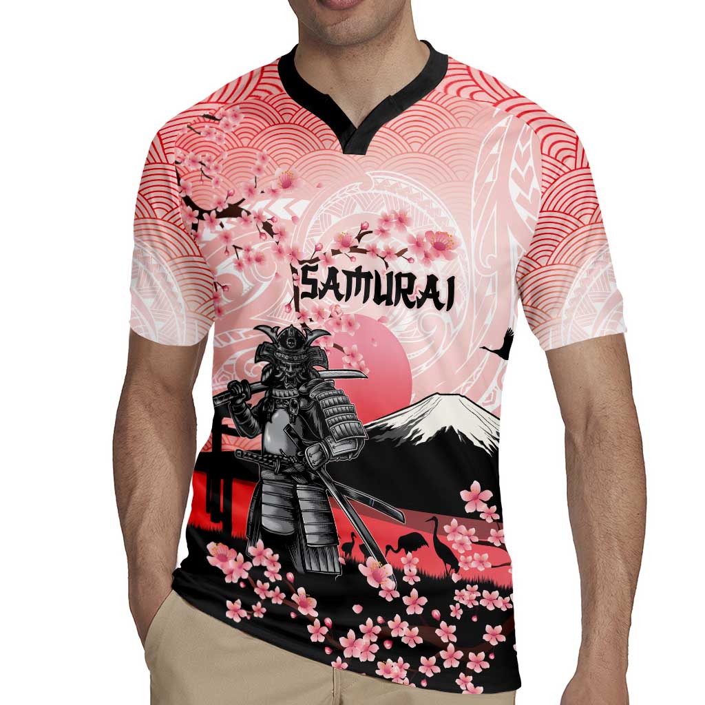 Personalised Japan Samurai Warrior Rugby Jersey Japanese Cherry Blossom Polynesian Pattern - Polynesian Pride