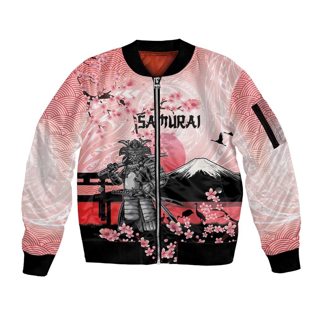 Personalised Japan Samurai Warrior Sleeve Zip Bomber Jacket Japanese Cherry Blossom Polynesian Pattern LT14 Unisex Pink - Polynesian Pride