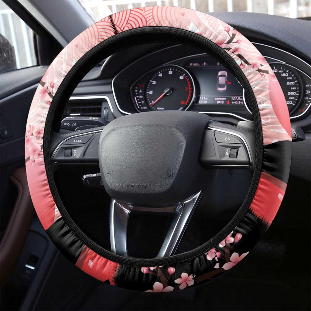 Japan Samurai Warrior Steering Wheel Cover Japanese Cherry Blossom Polynesian Pattern - Polynesian Pride
