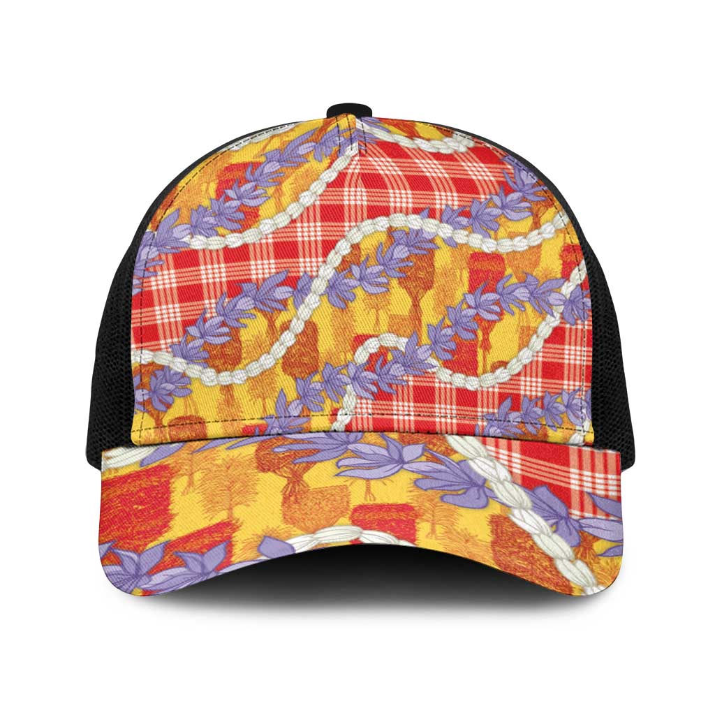 Hawaii Kahili Palaka Motifs Baseball Net Cap Hawaiian Honohono Pikake Lei LT14 One Size Black Red - Polynesian Pride
