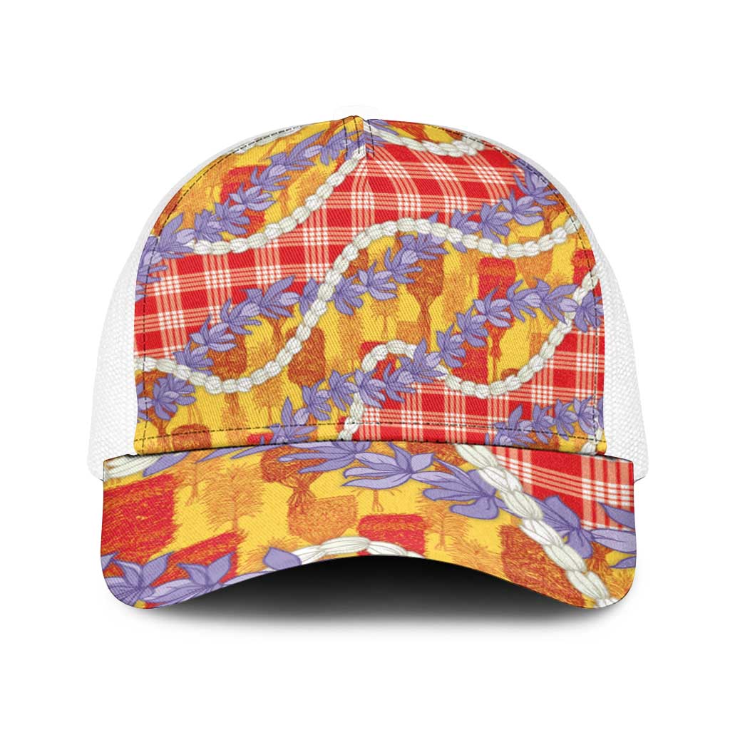 Hawaii Kahili Palaka Motifs Baseball Net Cap Hawaiian Honohono Pikake Lei LT14 One Size White Red - Polynesian Pride