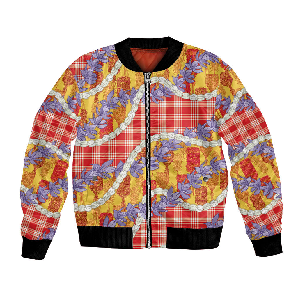 Hawaii Kahili Palaka Motifs Bomber Jacket Hawaiian Honohono Pikake Lei