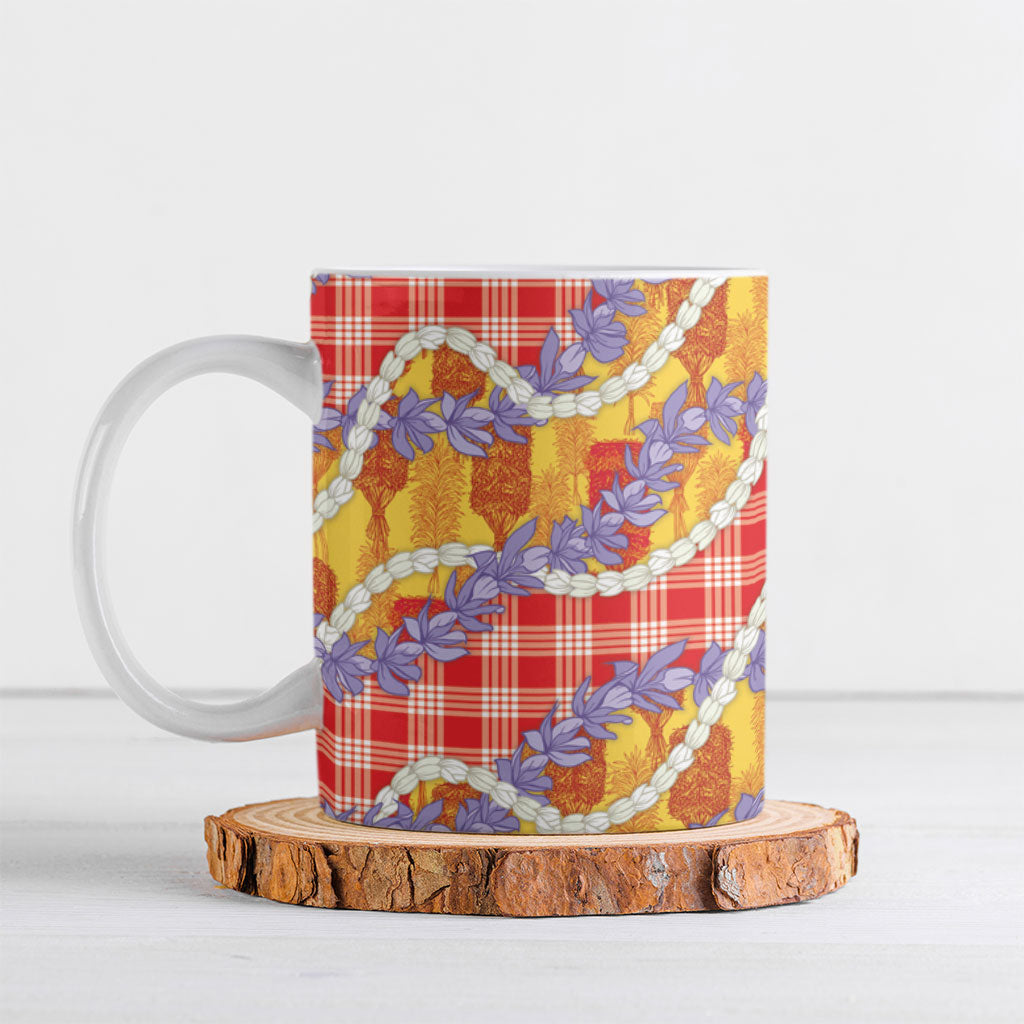 Hawaii Kahili Palaka Motifs Ceramic Mug Hawaiian Honohono Pikake Lei LT14 Red - Polynesian Pride