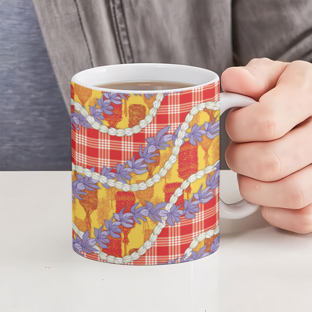 Hawaii Kahili Palaka Motifs Ceramic Mug Hawaiian Honohono Pikake Lei