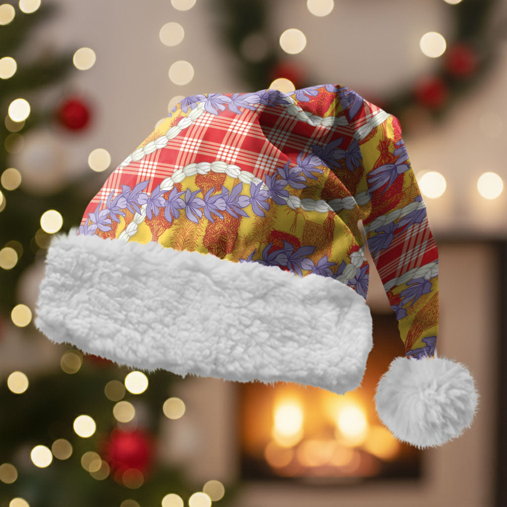 Hawaii Kahili Palaka Motifs Christmas Santa Hat Hawaiian Honohono Pikake Lei LT14 With Fur Red - Polynesian Pride