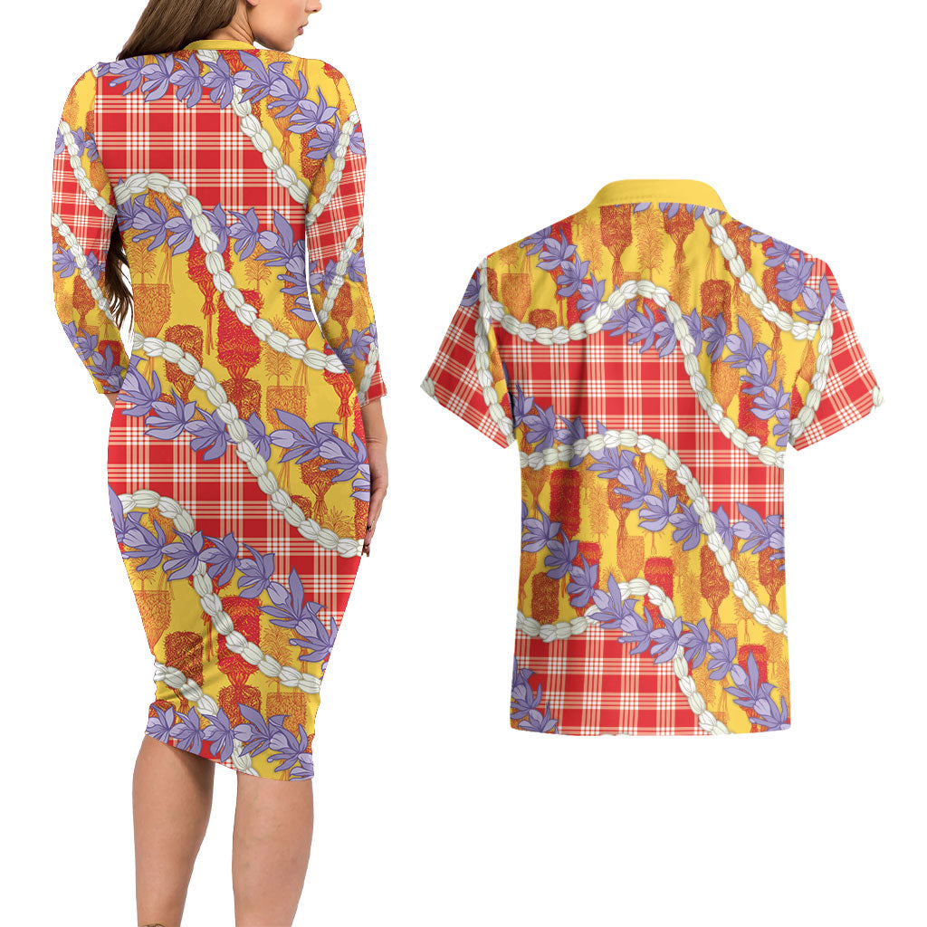 Hawaii Kahili Palaka Motifs Couples Matching Long Sleeve Bodycon Dress and Hawaiian Shirt Hawaiian Honohono Pikake Lei LT14 - Polynesian Pride