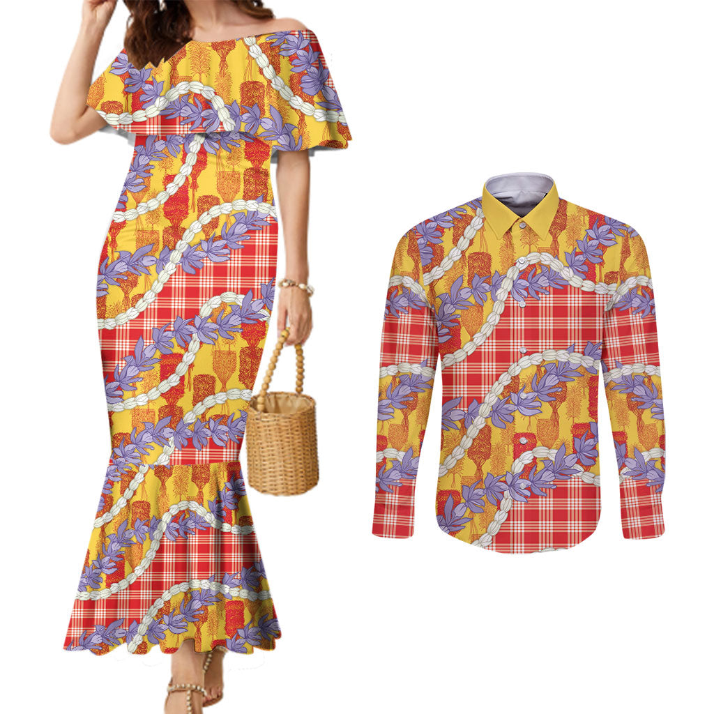 Hawaii Kahili Palaka Motifs Couples Matching Mermaid Dress and Long Sleeve Button Shirt Hawaiian Honohono Pikake Lei LT14 Red - Polynesian Pride
