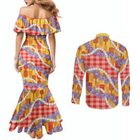 Hawaii Kahili Palaka Motifs Couples Matching Mermaid Dress and Long Sleeve Button Shirt Hawaiian Honohono Pikake Lei LT14 - Polynesian Pride
