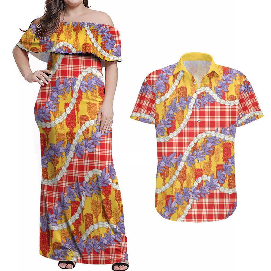 Hawaii Kahili Palaka Motifs Couples Matching Off Shoulder Maxi Dress and Hawaiian Shirt Hawaiian Honohono Pikake Lei LT14 Red - Polynesian Pride