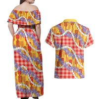 Hawaii Kahili Palaka Motifs Couples Matching Off Shoulder Maxi Dress and Hawaiian Shirt Hawaiian Honohono Pikake Lei LT14 - Polynesian Pride