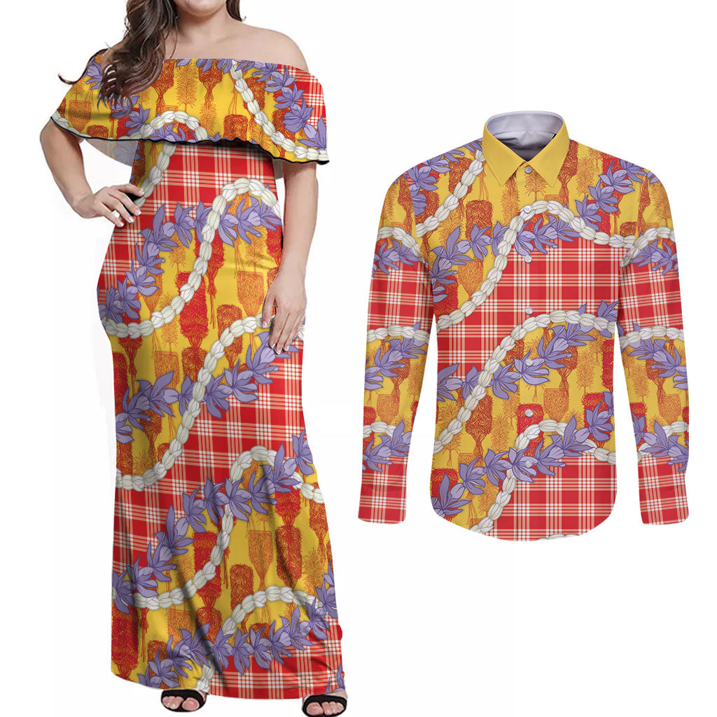 Hawaii Kahili Palaka Motifs Couples Matching Off Shoulder Maxi Dress and Long Sleeve Button Shirt Hawaiian Honohono Pikake Lei