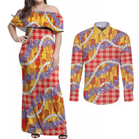Hawaii Kahili Palaka Motifs Couples Matching Off Shoulder Maxi Dress and Long Sleeve Button Shirt Hawaiian Honohono Pikake Lei
