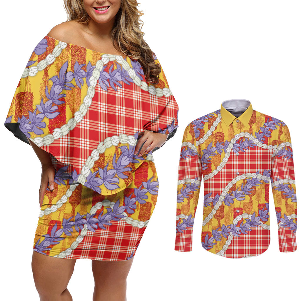 Hawaii Kahili Palaka Motifs Couples Matching Off Shoulder Short Dress and Long Sleeve Button Shirt Hawaiian Honohono Pikake Lei