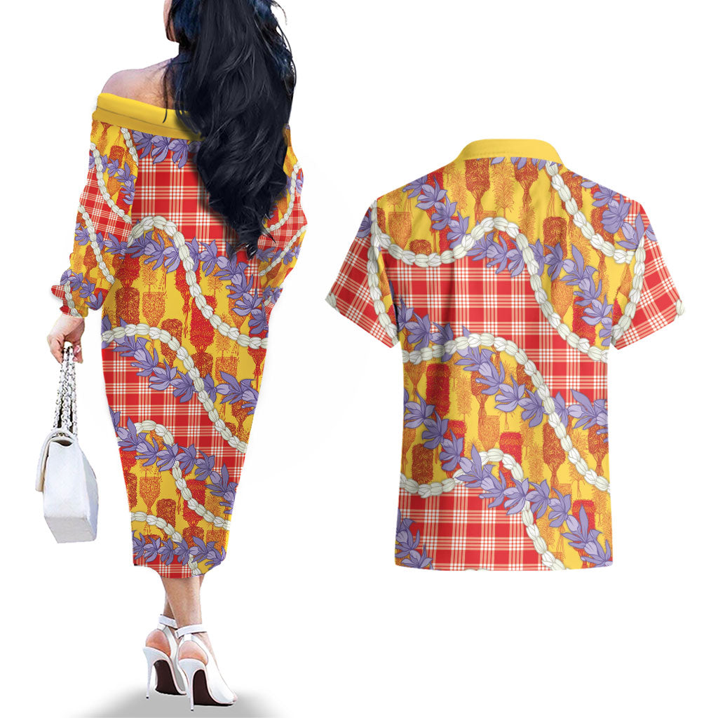 Hawaii Kahili Palaka Motifs Couples Matching Off The Shoulder Long Sleeve Dress and Hawaiian Shirt Hawaiian Honohono Pikake Lei LT14 - Polynesian Pride