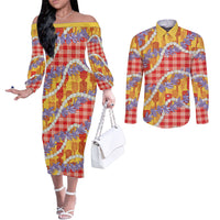 Hawaii Kahili Palaka Motifs Couples Matching Off The Shoulder Long Sleeve Dress and Long Sleeve Button Shirt Hawaiian Honohono Pikake Lei LT14 Red - Polynesian Pride