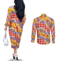 Hawaii Kahili Palaka Motifs Couples Matching Off The Shoulder Long Sleeve Dress and Long Sleeve Button Shirt Hawaiian Honohono Pikake Lei LT14 - Polynesian Pride
