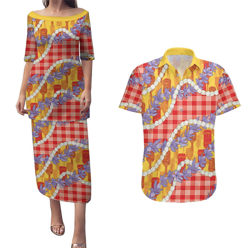 Hawaii Kahili Palaka Motifs Couples Matching Puletasi and Hawaiian Shirt Hawaiian Honohono Pikake Lei LT14 Red - Polynesian Pride