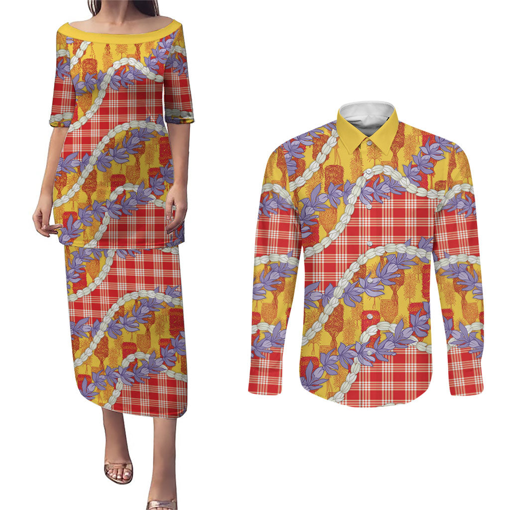 Hawaii Kahili Palaka Motifs Couples Matching Puletasi and Long Sleeve Button Shirt Hawaiian Honohono Pikake Lei LT14 Red - Polynesian Pride