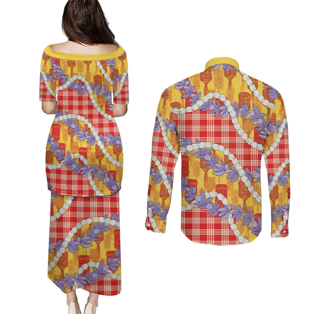Hawaii Kahili Palaka Motifs Couples Matching Puletasi and Long Sleeve Button Shirt Hawaiian Honohono Pikake Lei