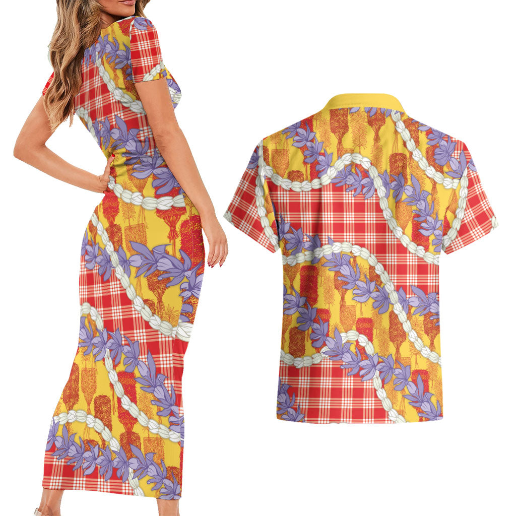 Hawaii Kahili Palaka Motifs Couples Matching Short Sleeve Bodycon Dress and Hawaiian Shirt Hawaiian Honohono Pikake Lei LT14 - Polynesian Pride