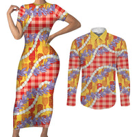 Hawaii Kahili Palaka Motifs Couples Matching Short Sleeve Bodycon Dress and Long Sleeve Button Shirt Hawaiian Honohono Pikake Lei LT14 Red - Polynesian Pride