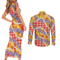 Hawaii Kahili Palaka Motifs Couples Matching Short Sleeve Bodycon Dress and Long Sleeve Button Shirt Hawaiian Honohono Pikake Lei LT14 - Polynesian Pride