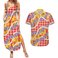 Hawaii Kahili Palaka Motifs Couples Matching Summer Maxi Dress and Hawaiian Shirt Hawaiian Honohono Pikake Lei LT14 Red - Polynesian Pride