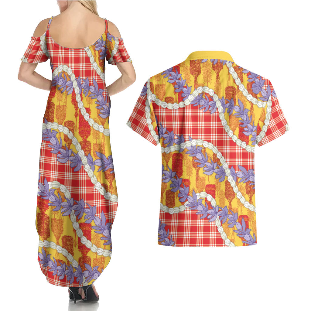 Hawaii Kahili Palaka Motifs Couples Matching Summer Maxi Dress and Hawaiian Shirt Hawaiian Honohono Pikake Lei LT14 - Polynesian Pride